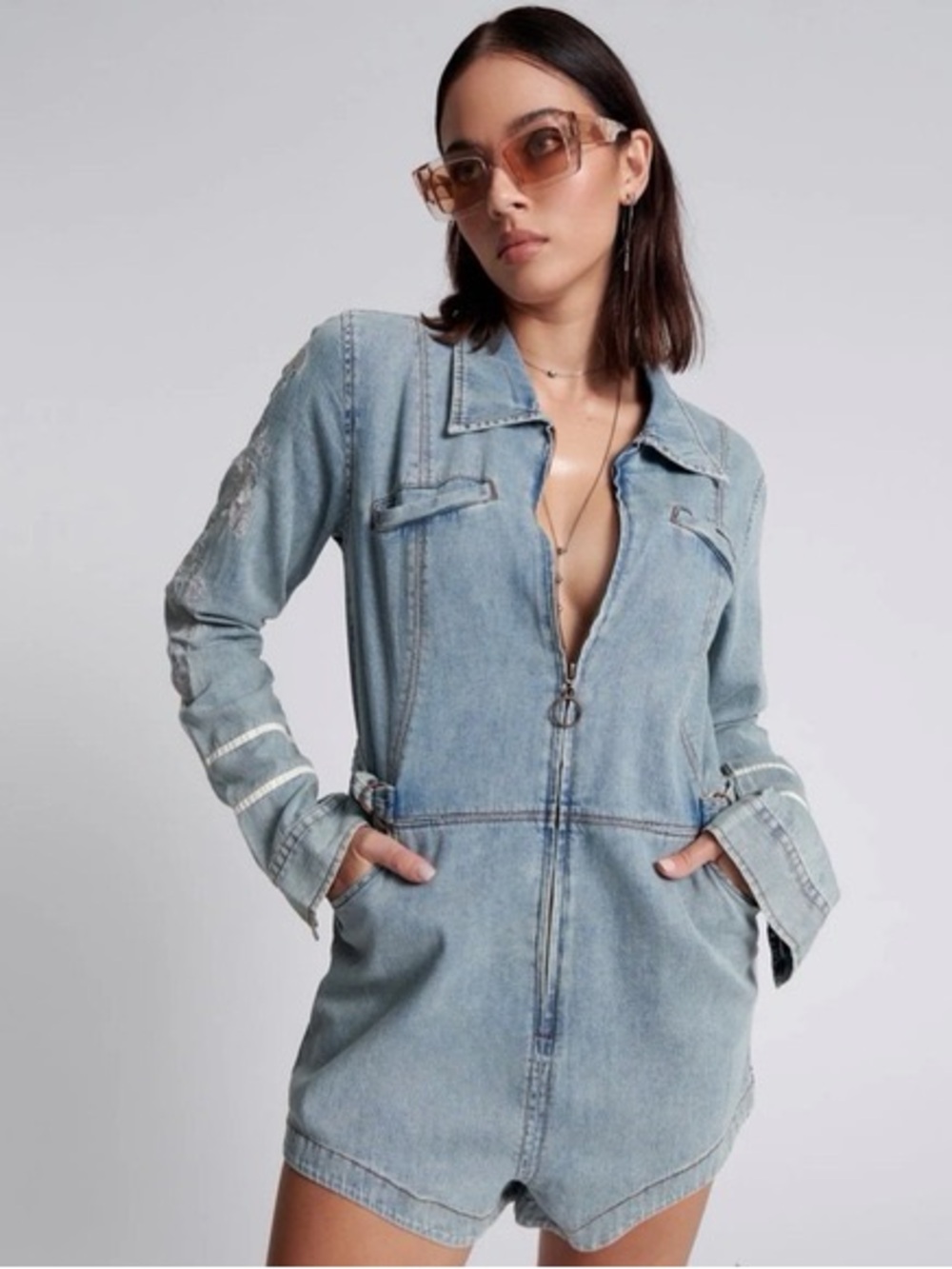 Light Wash Denim Romper - Women's Jeans